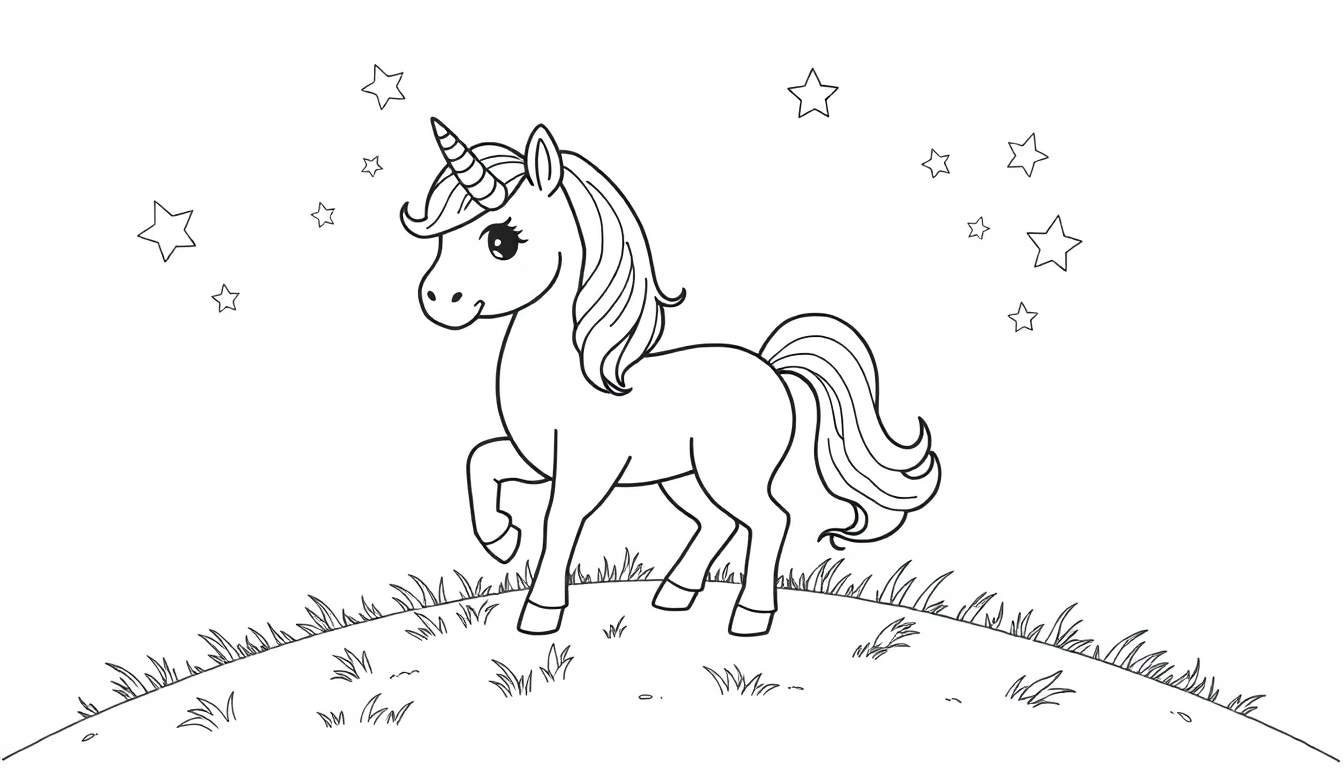 A black and white line drawing of a friendly cartoon unicorn with a spiraled horn and flowing mane and tail, standing on a grassy hill under a starry sky. A fun color panel for coloring.