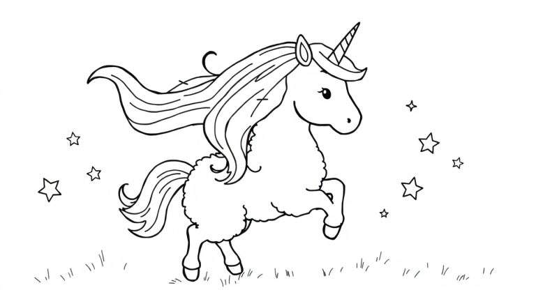 A black and white line drawing of a fluffy unicorn with a raised front leg, a flowing mane and tail, a horn, and stars, ready for a color panel.