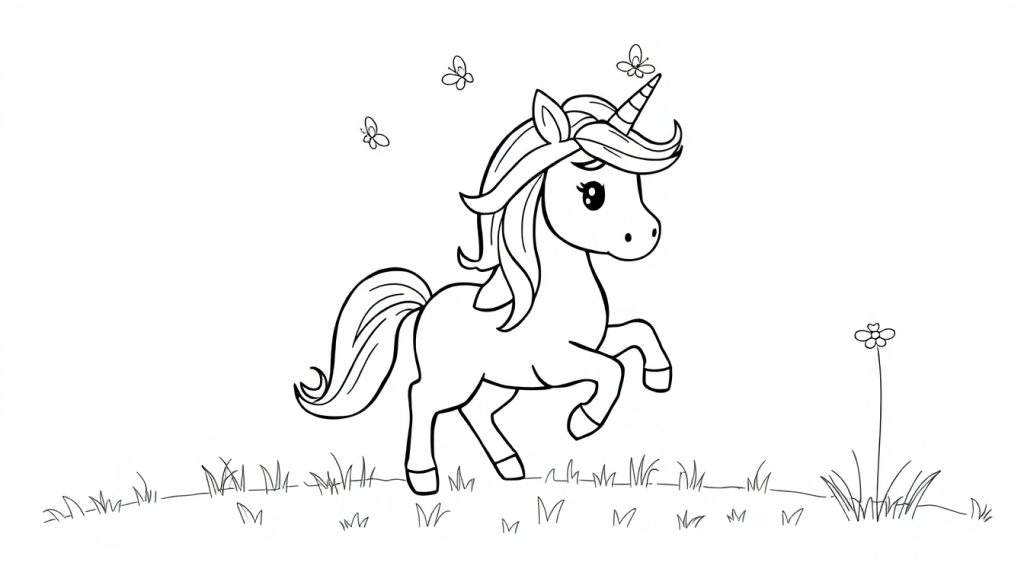 A black and white coloring panel of a cartoon unicorn with a rainbow mane and tail, ready for coloring, with three butterflies nearby in a simple field.