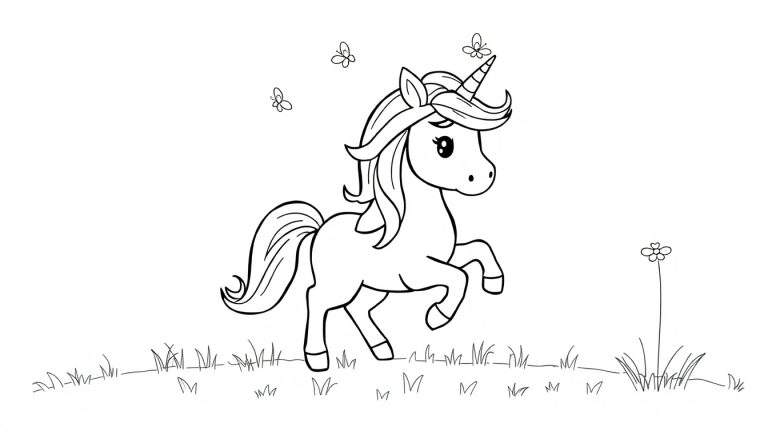 A black and white coloring panel of a cartoon unicorn with a rainbow mane and tail, ready for coloring, with three butterflies nearby in a simple field.