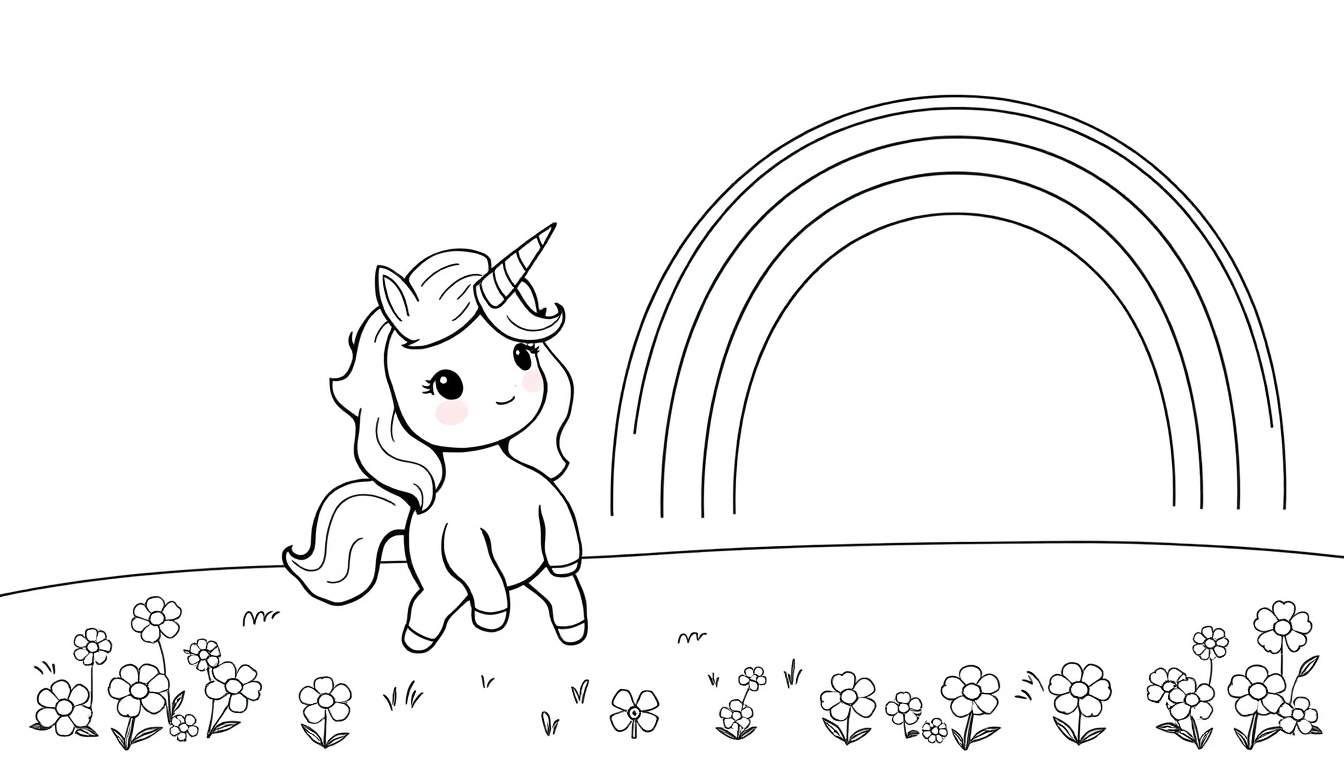 A cute chibi unicorn in a meadow with a rainbow, a fun color panel for kids.