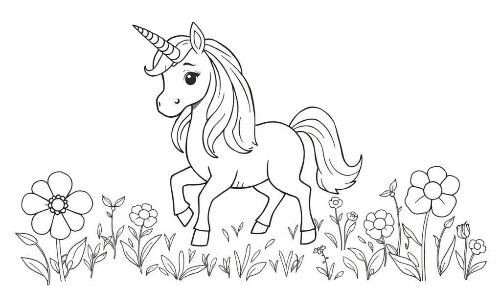 A friendly unicorn with a flowing mane and spiraled horn prancing through a field of magical flowers, ready for coloring. Black and white color panel.