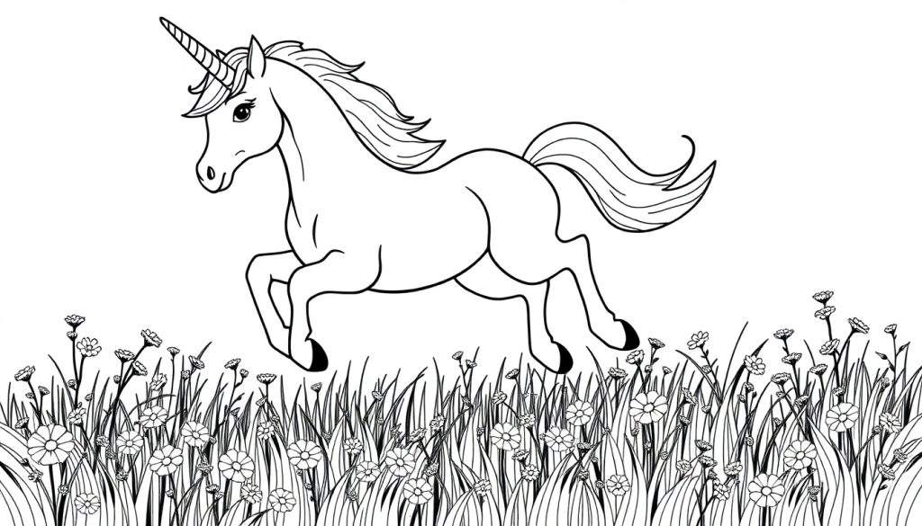 A black and white line drawing of a unicorn jumping through a meadow, perfect for a color panel.