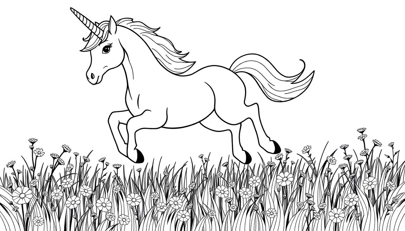 A black and white line drawing of a unicorn jumping through a meadow, perfect for a color panel.