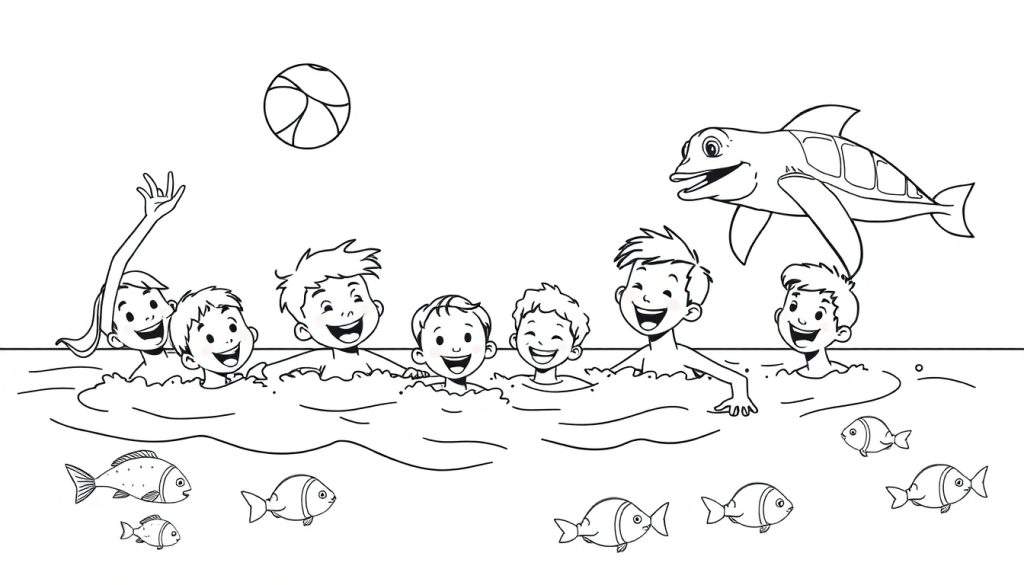 Children playing in the water, a dolphin-turtle hybrid leaps, fish swim below. A fun color panel to color.