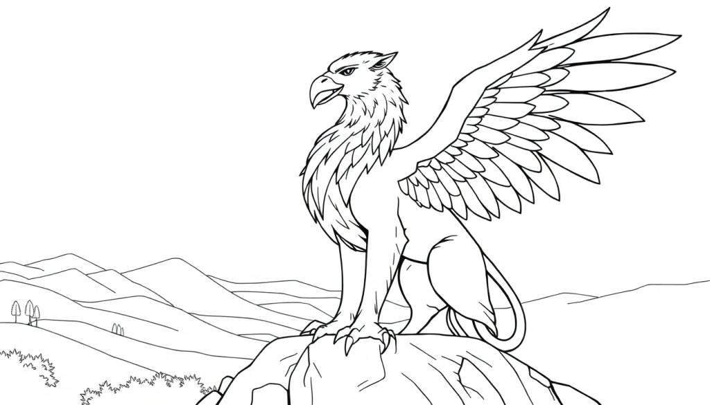 A black and white line drawing of a griffin standing on rocks, ready for a color panel adventure.