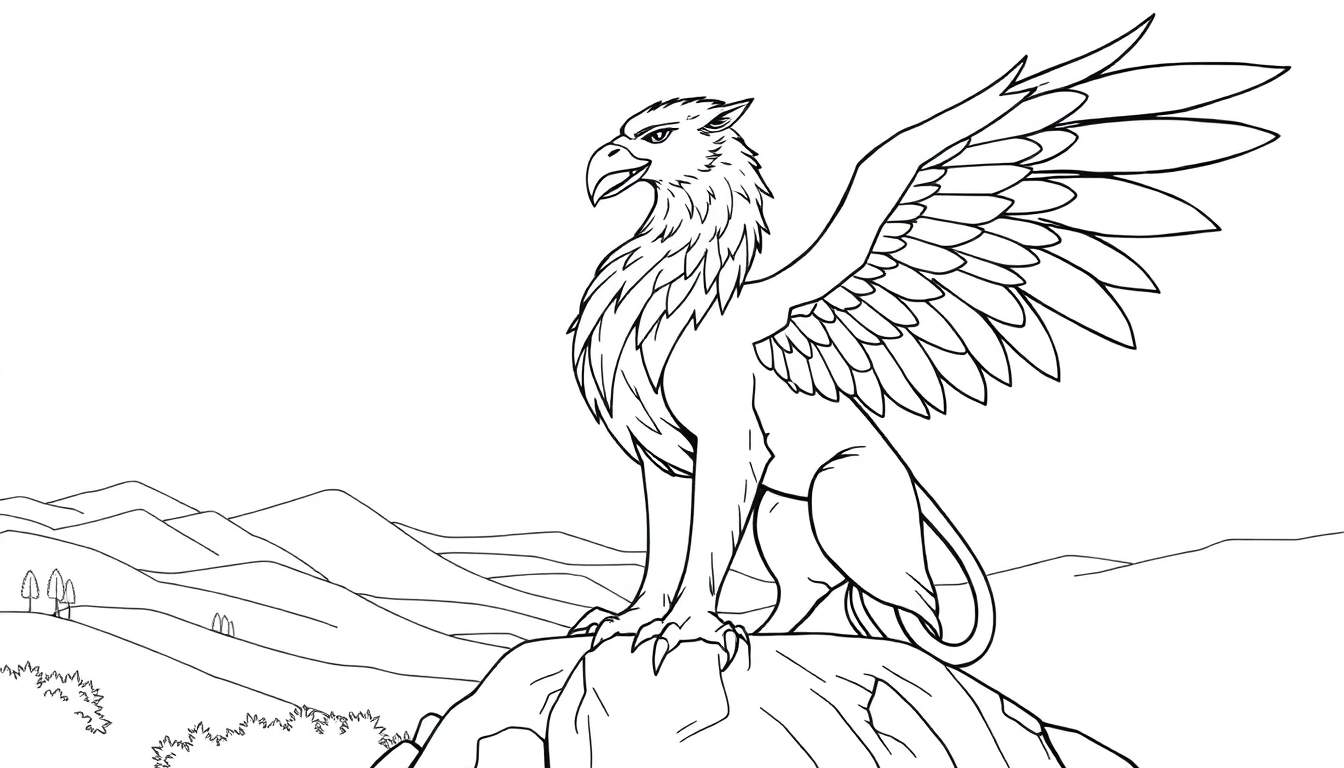 A black and white line drawing of a griffin standing on rocks, ready for a color panel adventure.