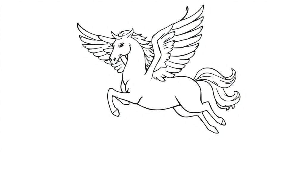 Black and white drawing of Pegasus in flight, a coloring panel ready for vibrant colors.