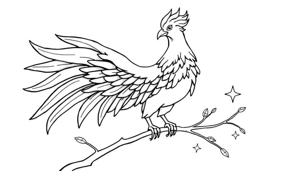 A black and white coloring panel drawing of a phoenix bird on a branch, surrounded by stars.