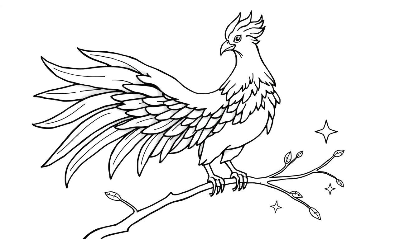 A black and white coloring panel drawing of a phoenix bird on a branch, surrounded by stars.