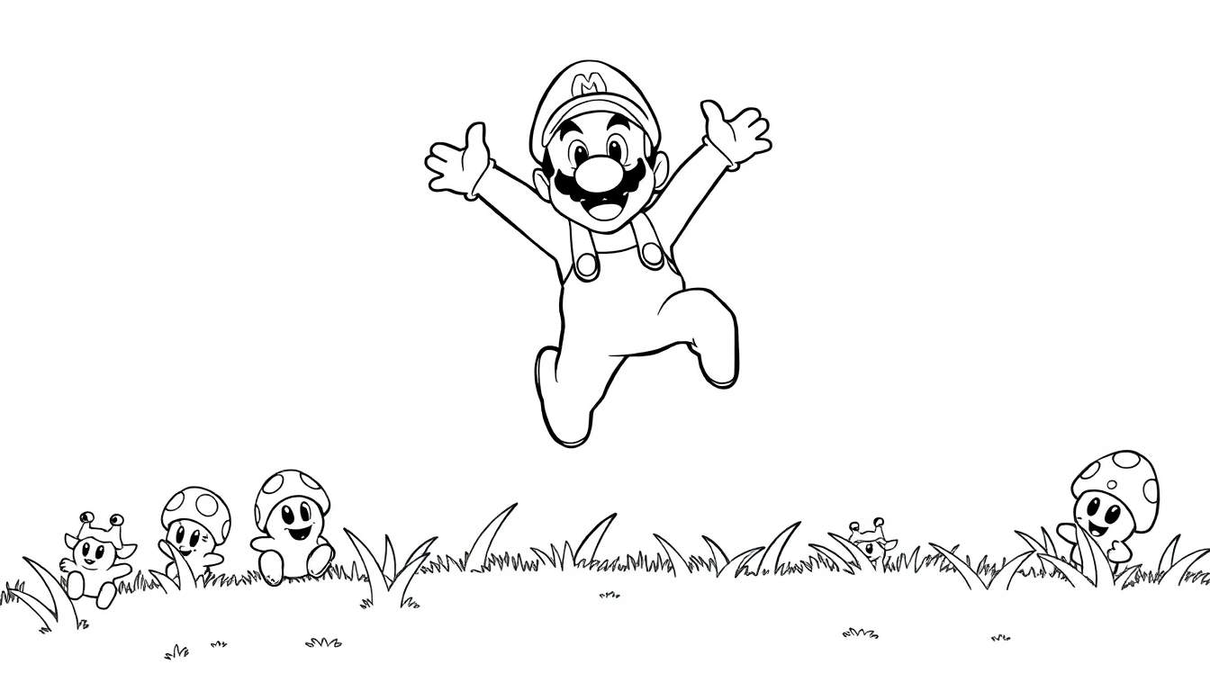 A cute black and white coloring page, a color panel, of Mario jumping happily with his arms out, with Goombas and Toads in a grassy field.