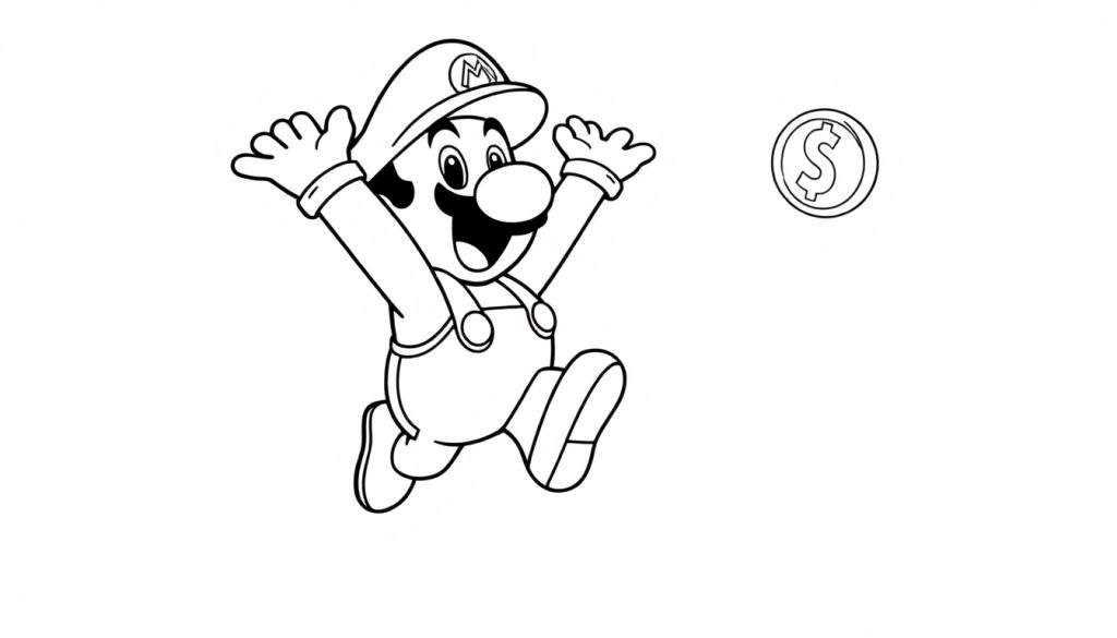 A black and white line drawing of Mario jumping, ready for coloring. A fun color panel for kids!