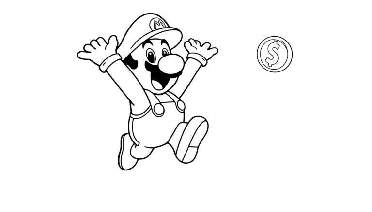A black and white line drawing of Mario jumping, ready for coloring. A fun color panel for kids!