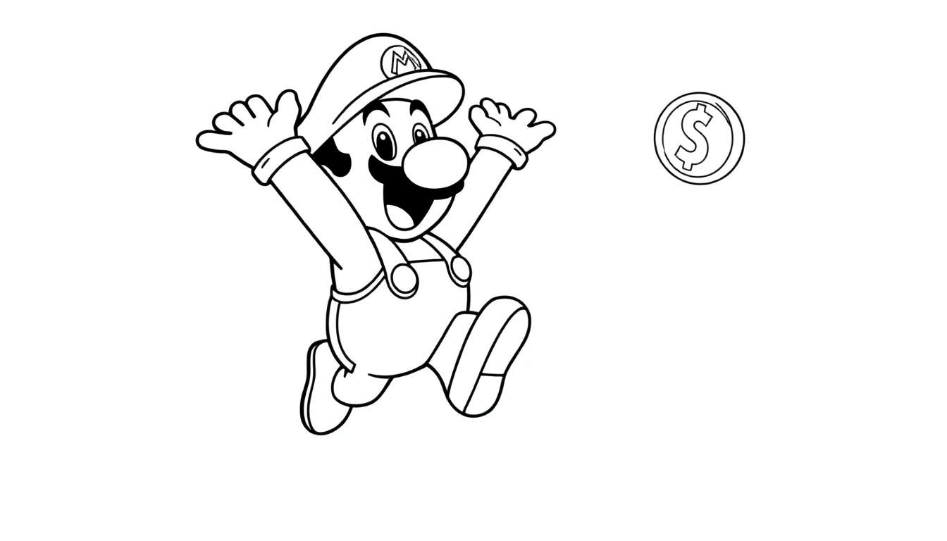 A black and white line drawing of Mario jumping, ready for coloring. A fun color panel for kids!