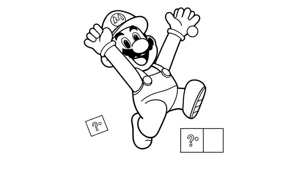 Mario jumping with arms raised over question mark blocks, a black and white color panel.