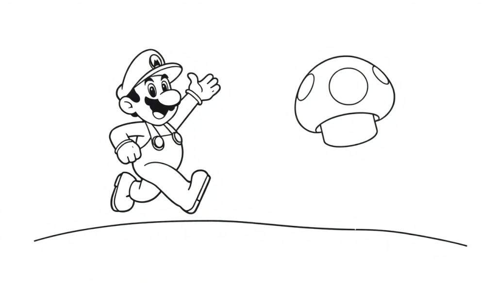A cute black and white coloring page of Mario running with a big mushroom, ready for a color panel.