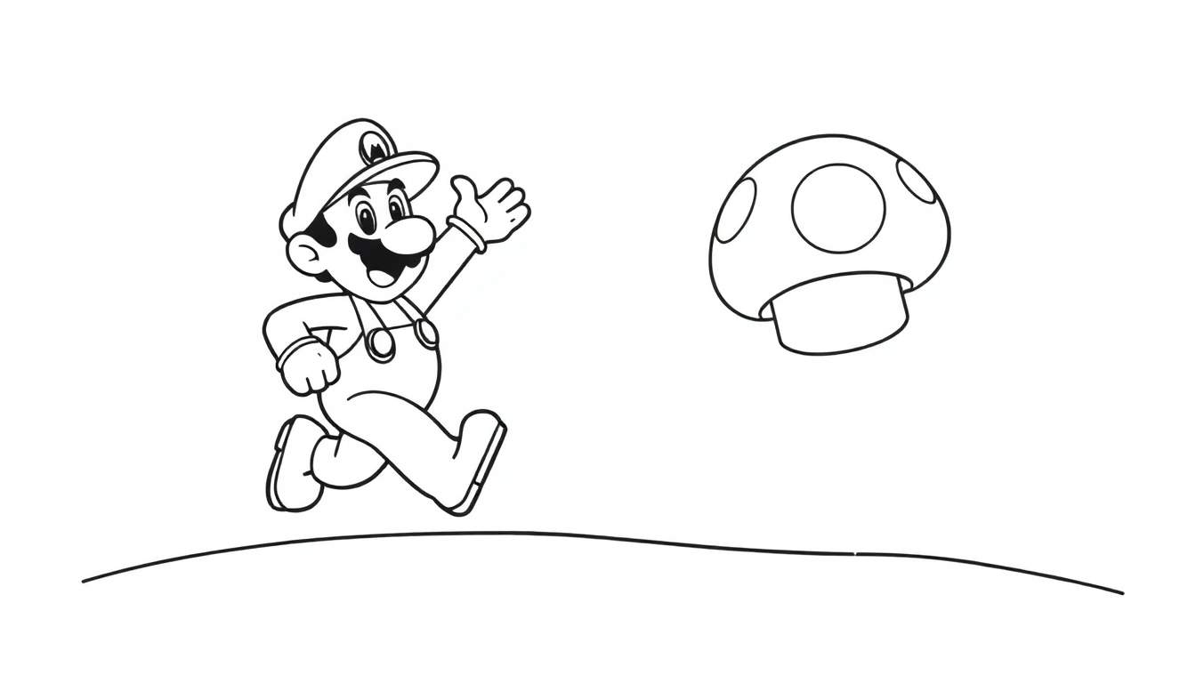 A cute black and white coloring page of Mario running with a big mushroom, ready for a color panel.