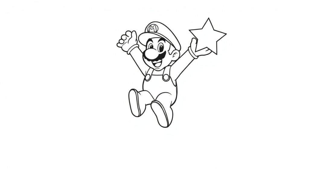 A cute black and white coloring page of Mario jumping with a star, part of a fun color panel.