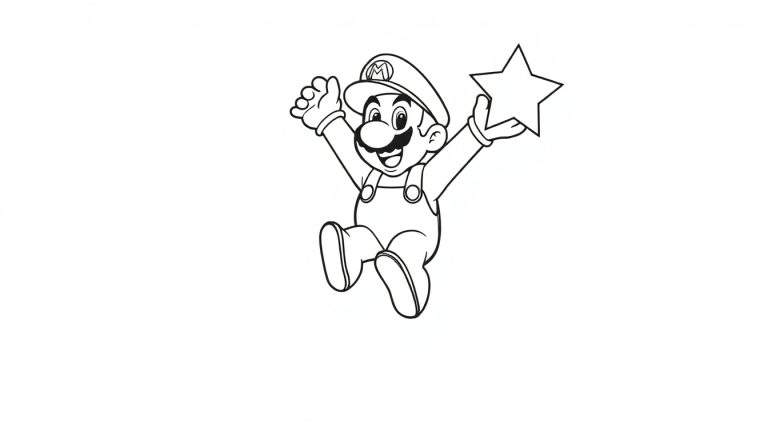 A cute black and white coloring page of Mario jumping with a star, part of a fun color panel.