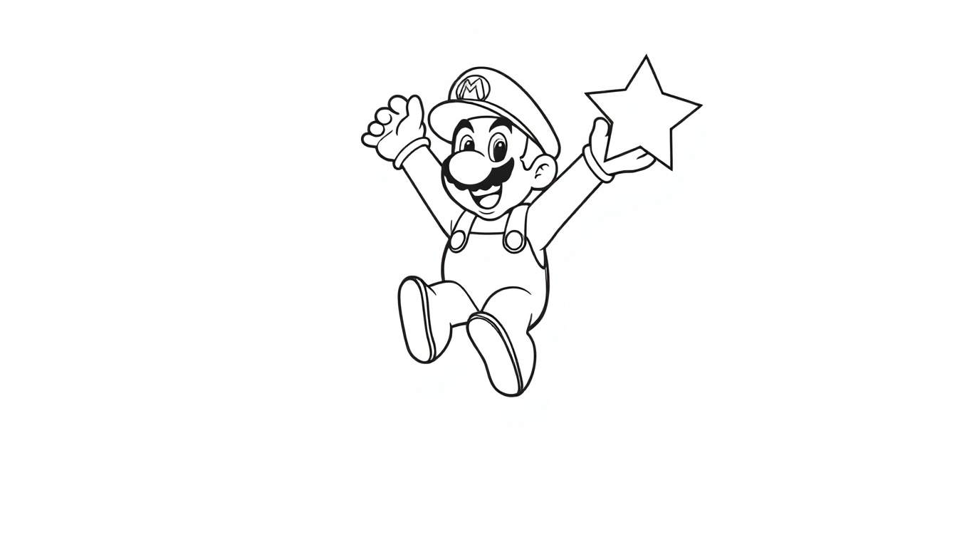 A cute black and white coloring page of Mario jumping with a star, part of a fun color panel.