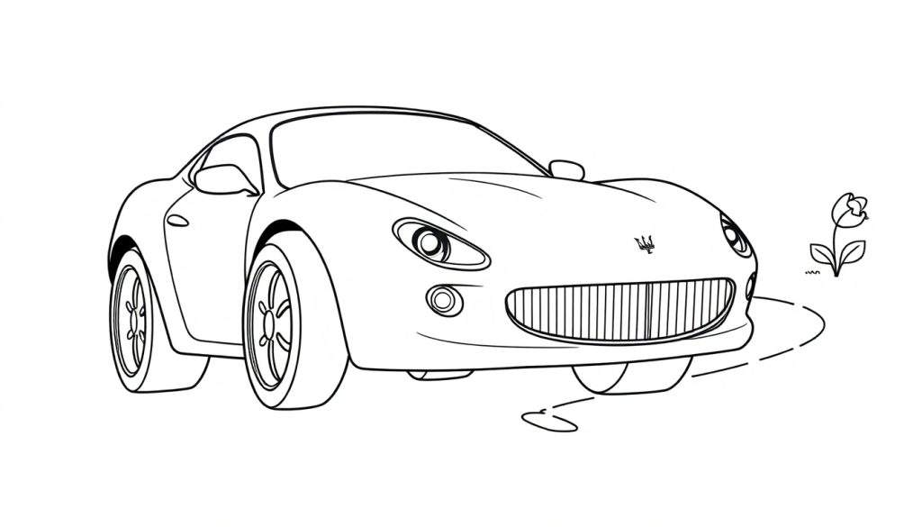 A cute Maserati car waiting to be colored, with a flower nearby on this color panel.