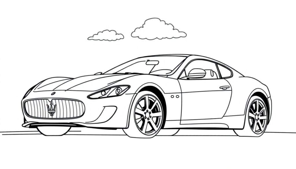 Line drawing of a Maserati GranTurismo sports car, ready for a color panel. A fun coloring page for kids.