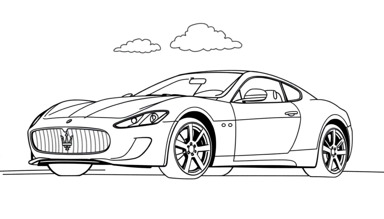 Line drawing of a Maserati GranTurismo sports car, ready for a color panel. A fun coloring page for kids.