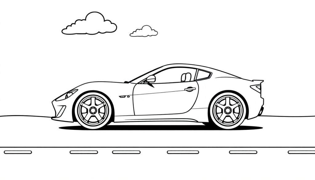 A black and white outline color panel of a sleek sports car with big wheels and a spoiler, ready for coloring. Two fluffy clouds are in the sky above.