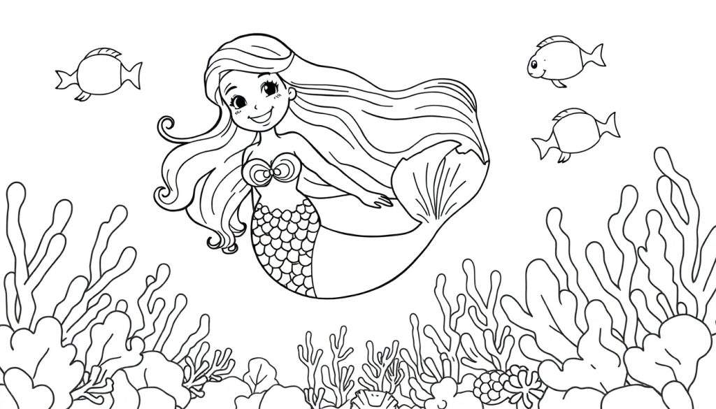 A black and white coloring page of a smiling mermaid with long hair and a seashell bra, surrounded by sea plants and fish.