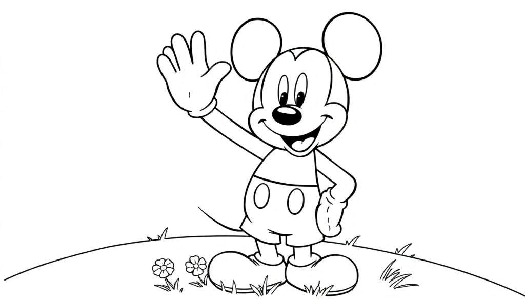 Mickey Mouse coloring page, a fun color panel with Mickey waving.