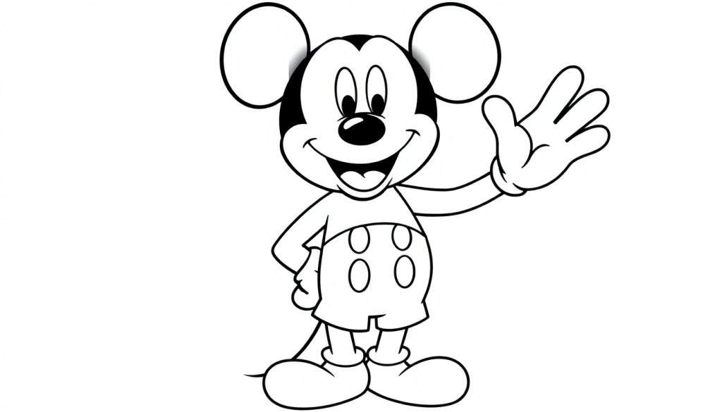 A black and white line drawing of Mickey Mouse waving, perfect for a color panel.