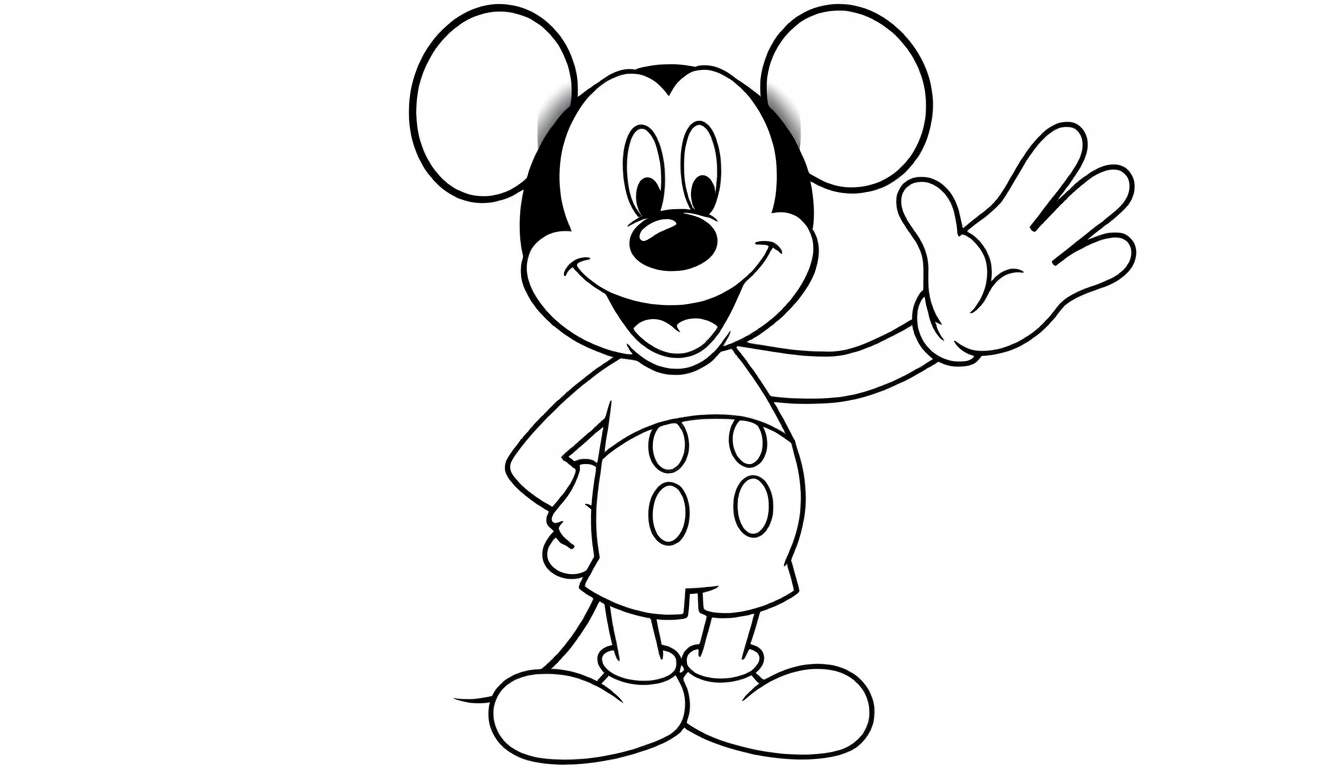 A black and white line drawing of Mickey Mouse waving, perfect for a color panel.
