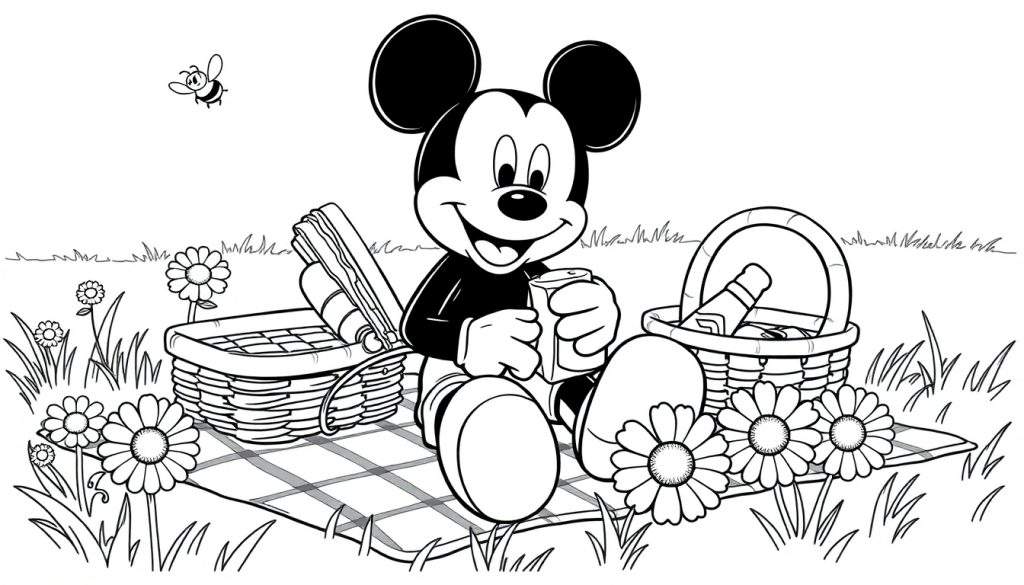 Mickey Mouse enjoying a juice box on a picnic blanket, a black and white color panel.