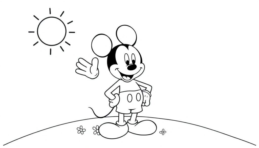 Mickey Mouse coloring panel waving on a hill.