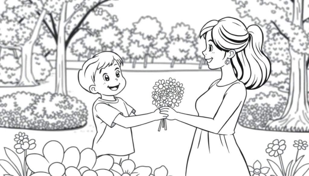 A child presents flowers to their mom in a park, a charming black and white color panel.