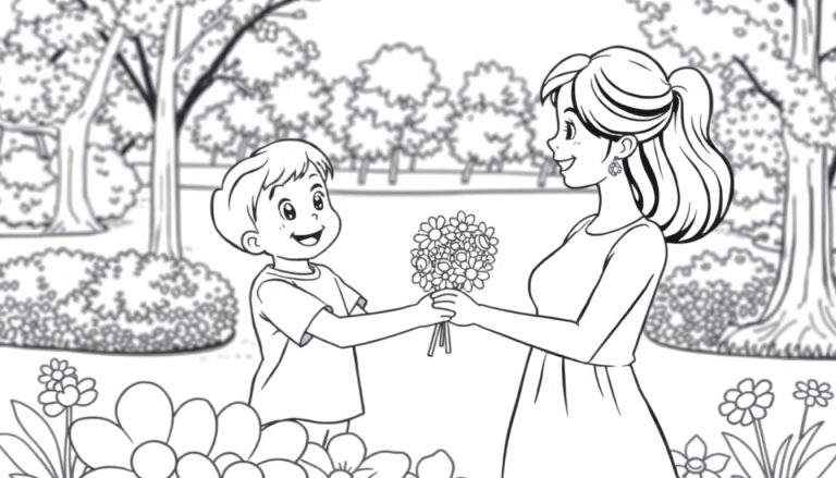 A child presents flowers to their mom in a park, a charming black and white color panel.