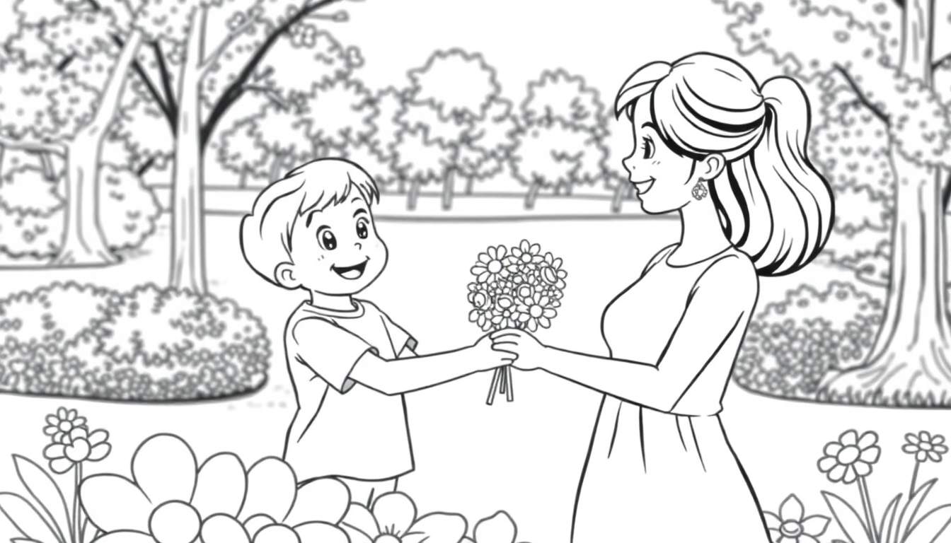 A child presents flowers to their mom in a park, a charming black and white color panel.