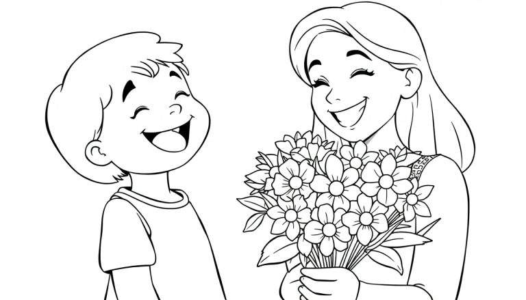A black and white illustration of a boy giving flowers to his mom, perfect for a color panel.