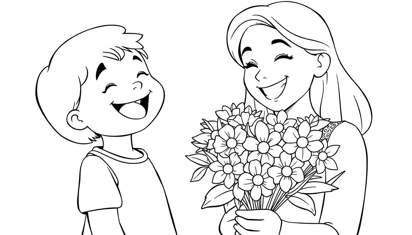 A black and white illustration of a boy giving flowers to his mom, perfect for a color panel.