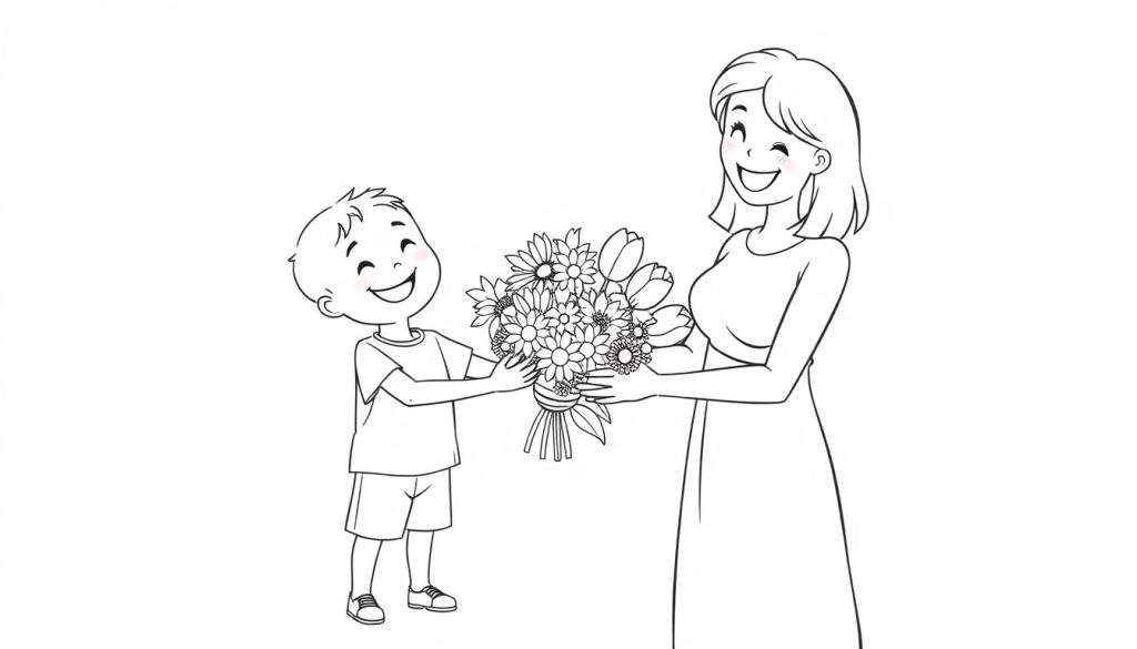 A coloring page of a boy giving flowers to his mom, a delightful color panel.