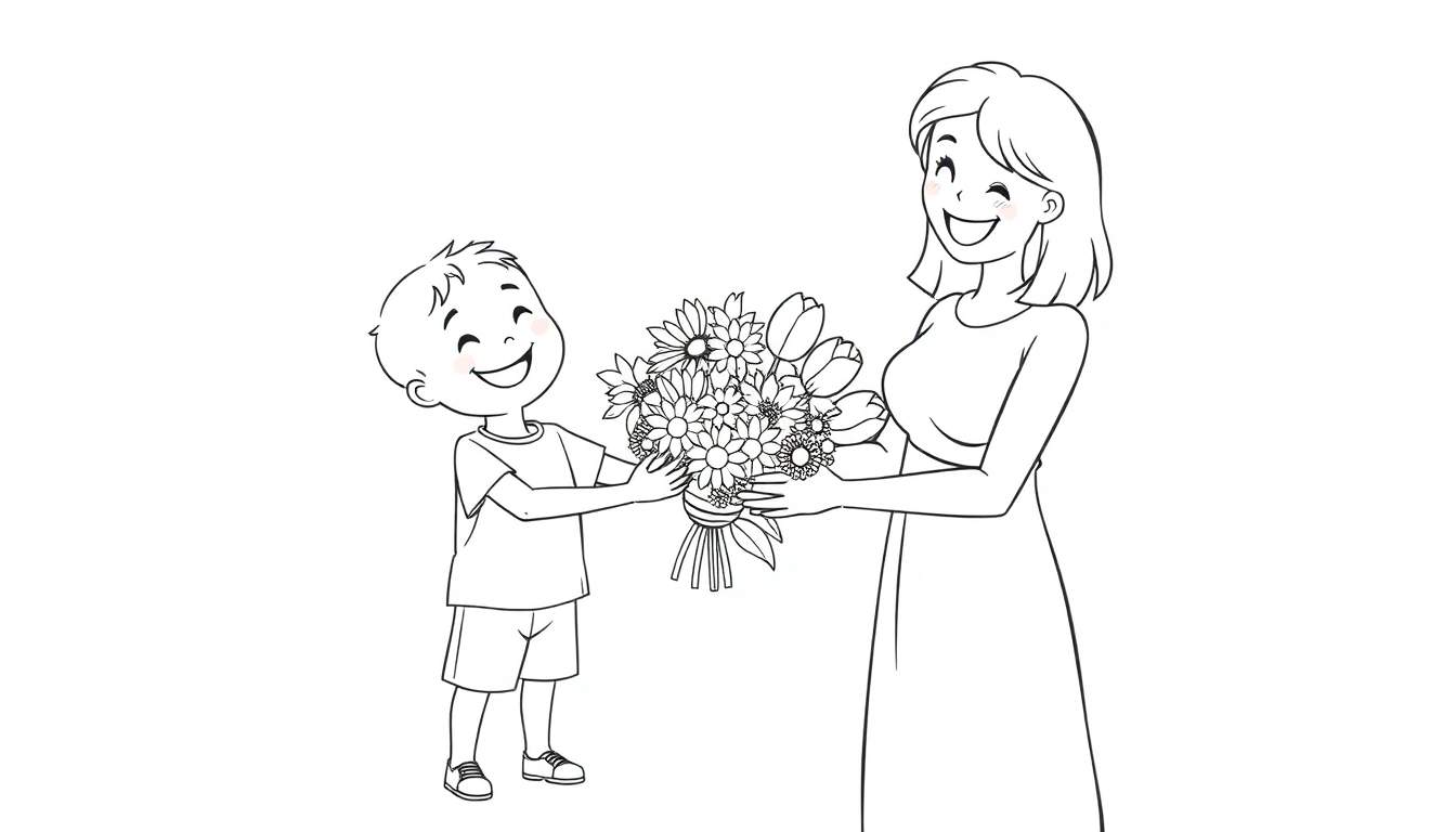 A coloring page of a boy giving flowers to his mom, a delightful color panel.