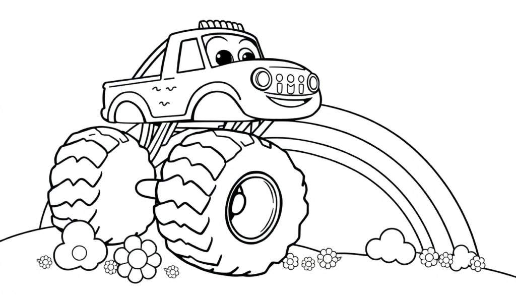 A friendly monster truck with a smiling face driving over a rainbow in this black and white coloring panel.