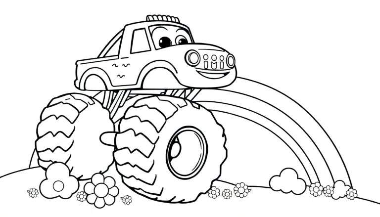 A friendly monster truck with a smiling face driving over a rainbow in this black and white coloring panel.
