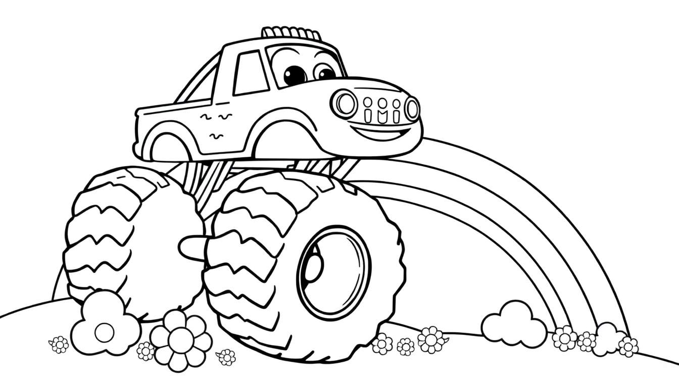 A friendly monster truck with a smiling face driving over a rainbow in this black and white coloring panel.