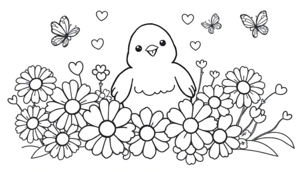 A cute chick with flowers and hearts, a color panel for Mother's Day.