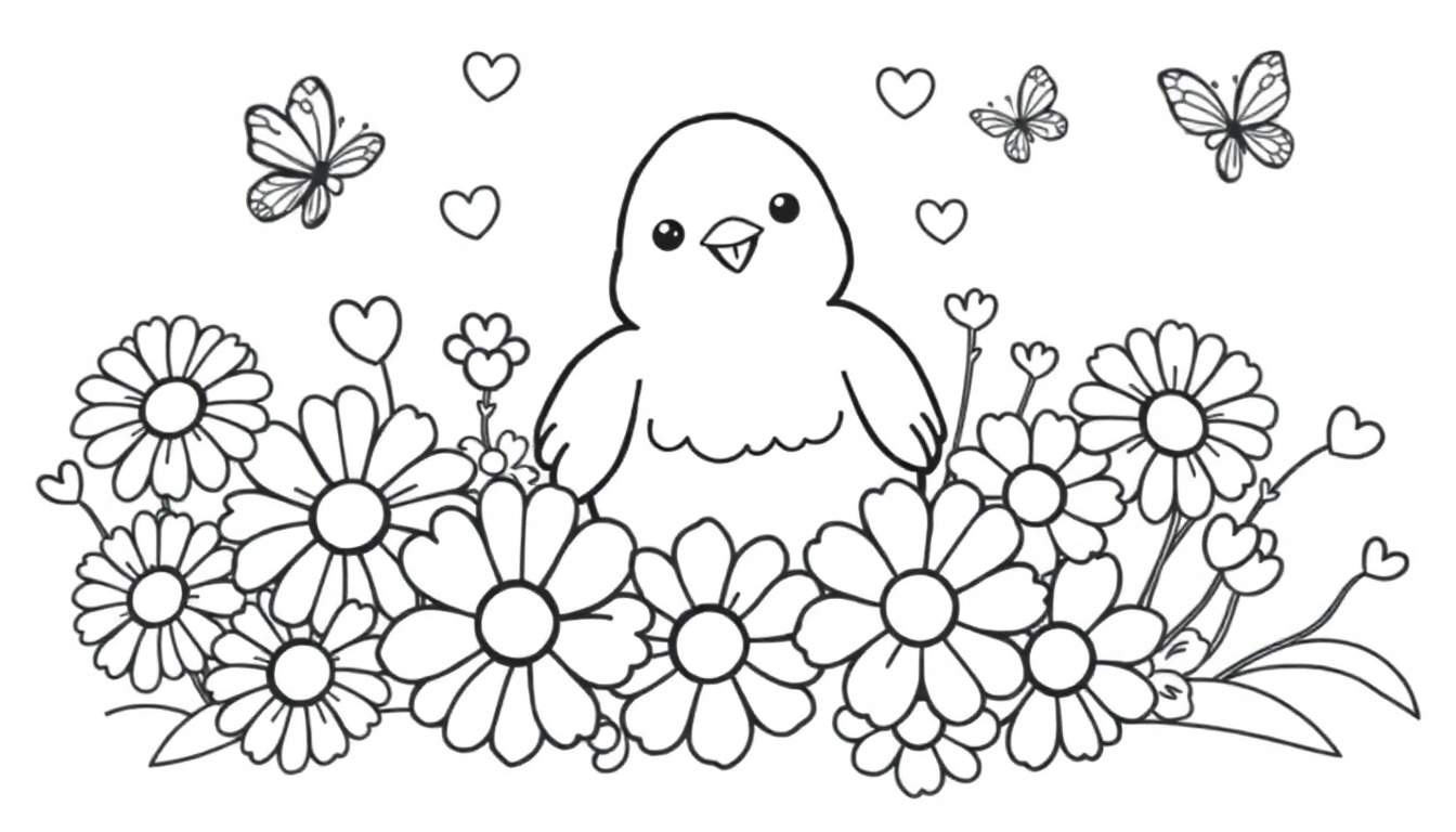 A cute chick with flowers and hearts, a color panel for Mother's Day.