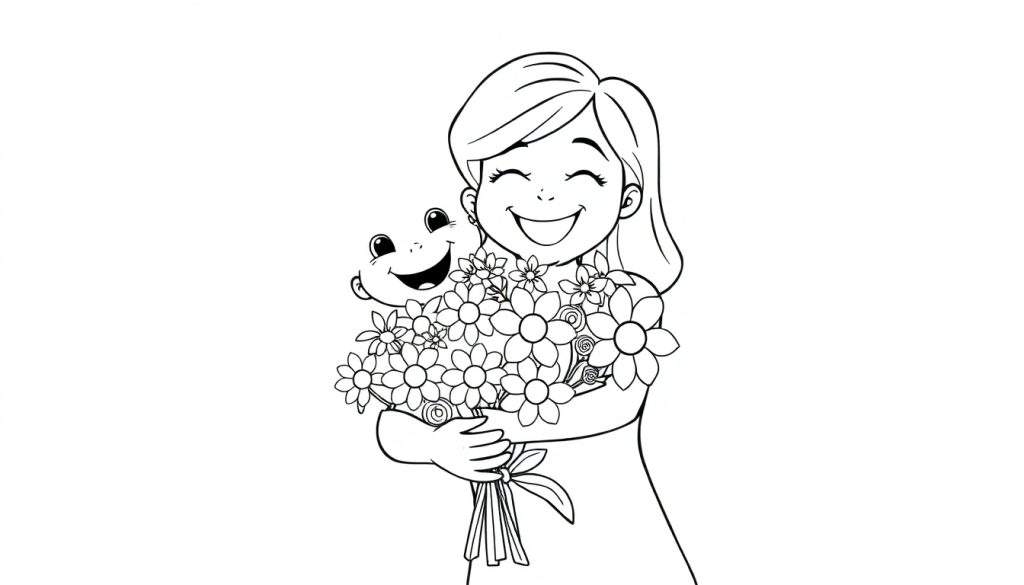 A girl and a frog with flowers, a happy Mother's Day color panel.