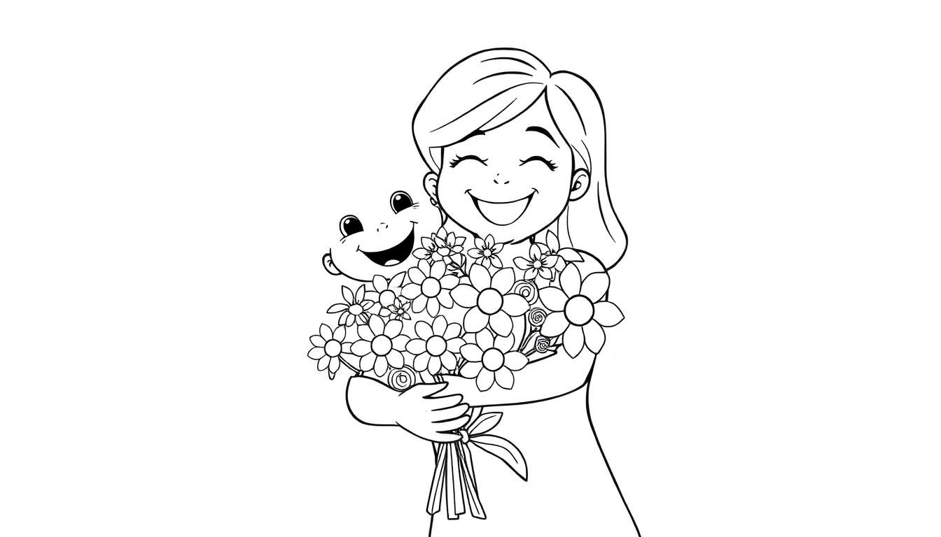 A girl and a frog with flowers, a happy Mother's Day color panel.