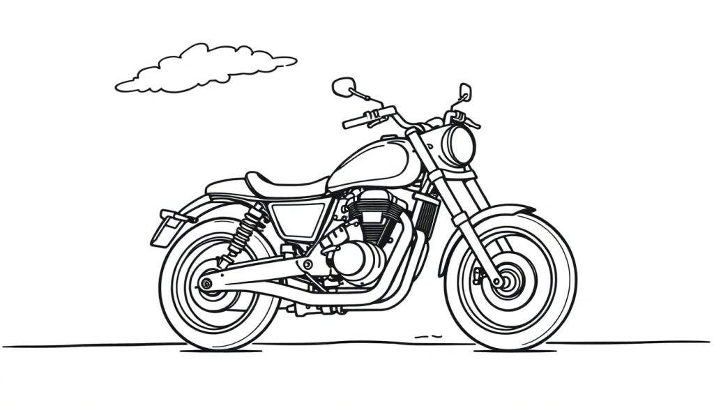 A black and white line drawing of a motorcycle with a cloud above it, perfect for a color panel.