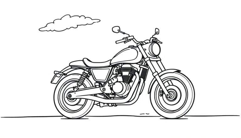 A black and white line drawing of a motorcycle with a cloud above it, perfect for a color panel.